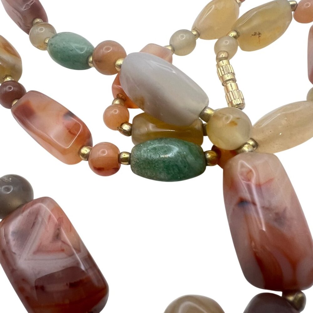 Multicolor Carnelian Agate Beaded Necklace 33" Gold-Tone Barrel Earthy Boho - Picture 5 of 14